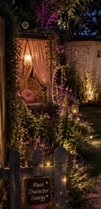 Cherry’s proposed nook after dark, with a woven chair, blush cushion and warm pendant light