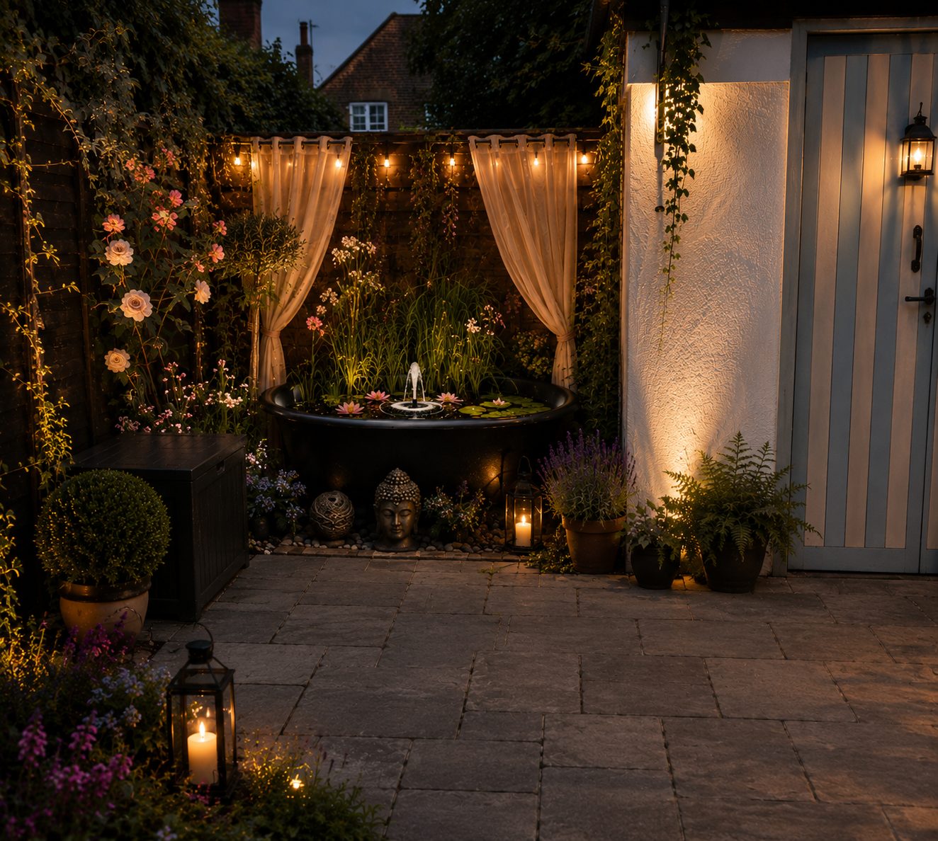 Shirley’s black roll-top bath reimagined as a water feature, framed by curtains, plants and lanterns