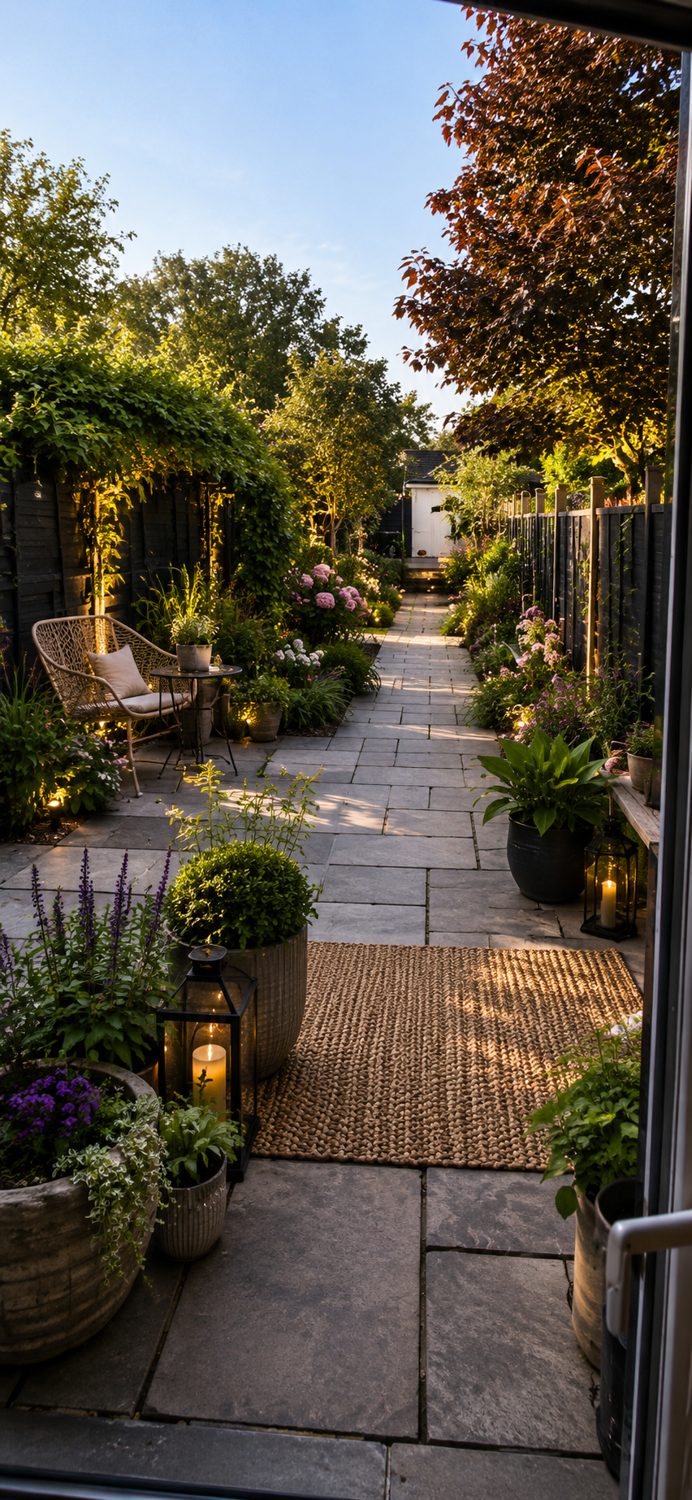 Shirley’s garden design vision with a planted path, wicker chair and warm lanterns